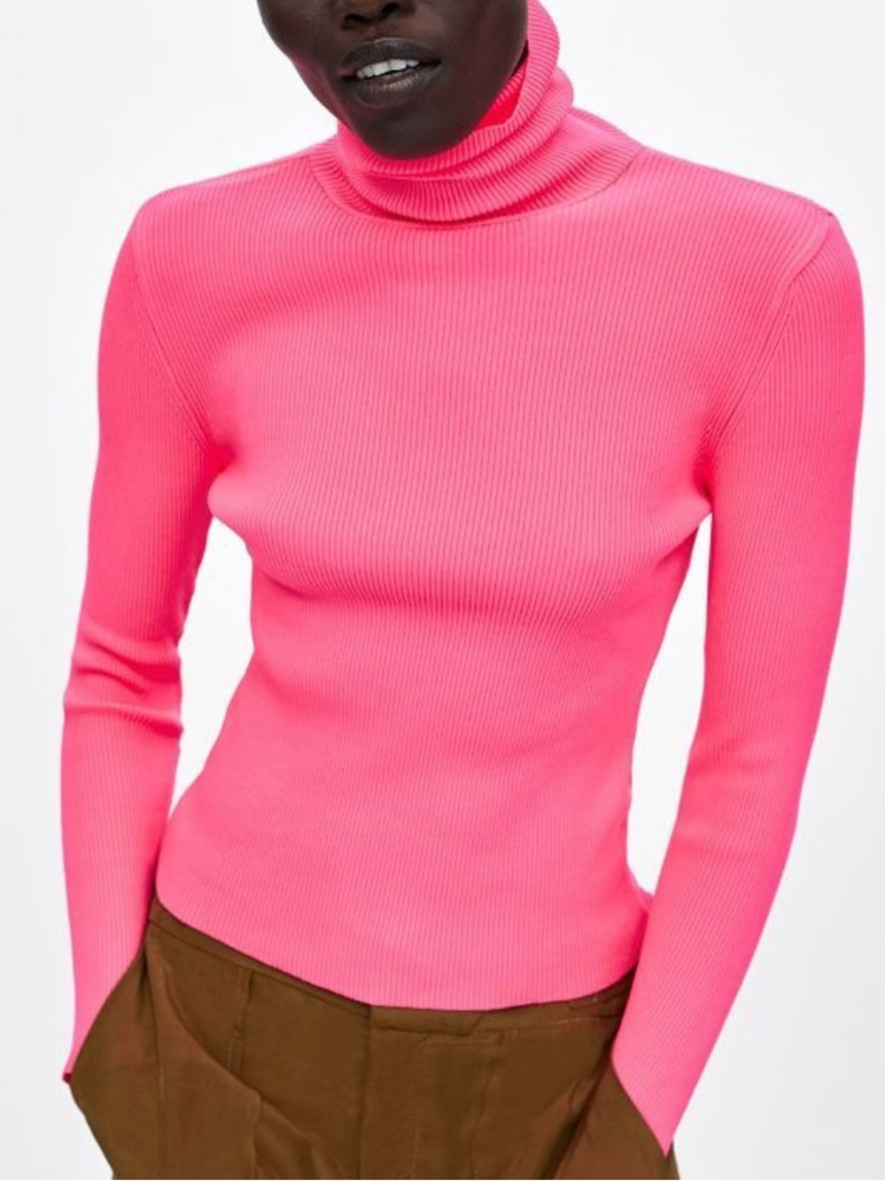 ZARA Ribbed Turtleneck Sweater - Neon Pink